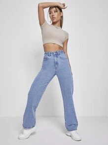 SHEIN PETITE Quần jean nữ Nút Túi Dây kéo màu trơn - Rửa trung bình - Xem 6