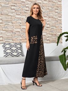 EMERY ROSE Leopard Print Patch Pocket Tee Dress,Tea Party Dress,Summer Dresses For Women - Black - View 5