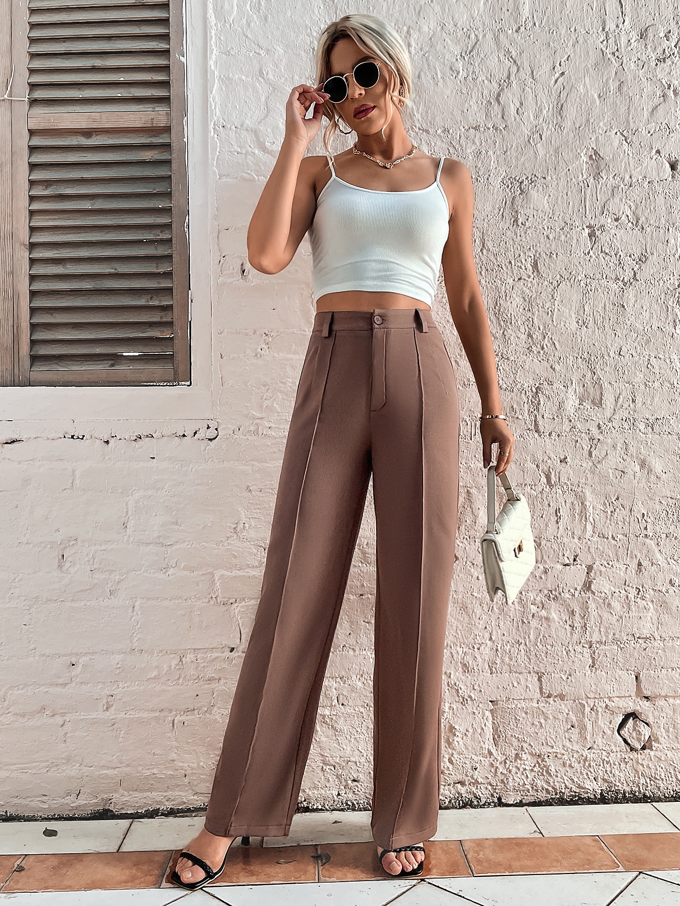 High Waist Fold Pleated Tailored Pants SHEIN USA