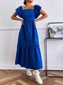 Mulvari Layered Sleeve Ruffle Hem Dress Maxi Women Outfit - Royal Blue - View 3