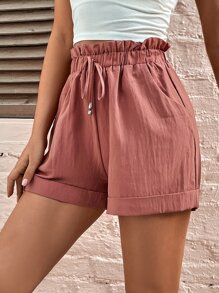 SHEIN Frenchy 卷邊紙袋腰短褲 - 藕粉色 - 查看 1