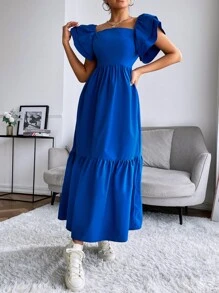 Mulvari Layered Sleeve Ruffle Hem Dress Maxi Women Outfit - Royal Blue - View 4
