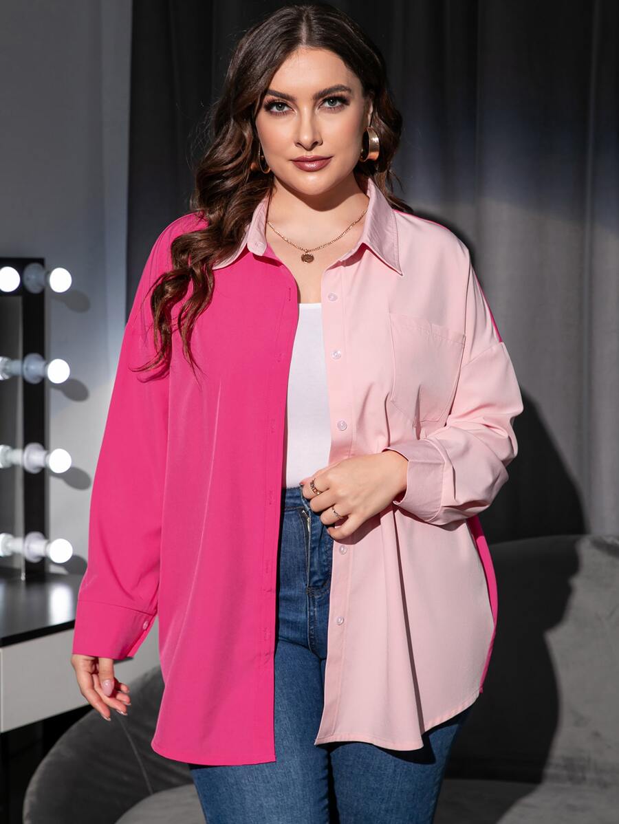 Calvaya Plus Two Tone Drop Shoulder Patched Pocket Blouse - Pink - View 1