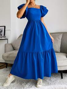Mulvari Layered Sleeve Ruffle Hem Dress Maxi Women Outfit - Royal Blue - View 5