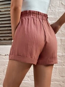 SHEIN Frenchy 卷邊紙袋腰短褲 - 藕粉色 - 查看 2