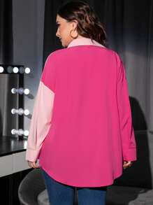 Calvaya Plus Two Tone Drop Shoulder Patched Pocket Blouse - Pink - View 2