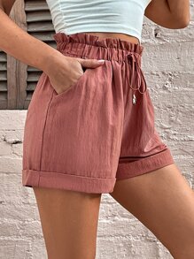 SHEIN Frenchy 卷邊紙袋腰短褲 - 藕粉色 - 查看 3