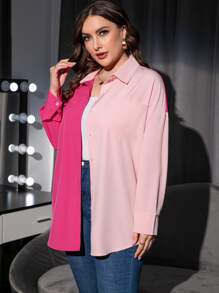 Calvaya Plus Two Tone Drop Shoulder Patched Pocket Blouse - Pink - View 4
