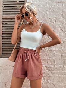 SHEIN Frenchy 卷邊紙袋腰短褲 - 藕粉色 - 查看 4