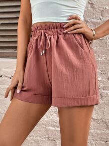 SHEIN Frenchy 卷邊紙袋腰短褲 - 藕粉色 - 查看 5