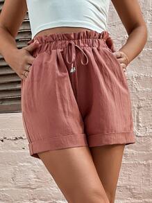SHEIN Frenchy 卷邊紙袋腰短褲 - 藕粉色 - 查看 6