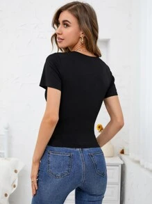 SHEIN Privé Contrast Mesh Guipure Lace Insert Bustier Tee - Black - View 2