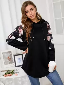SHEIN LUNE Capucha en contraste floral de manga raglán con cordón - Negro - Ver 1