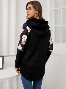 SHEIN LUNE Capucha en contraste floral de manga raglán con cordón - Negro - Ver 2
