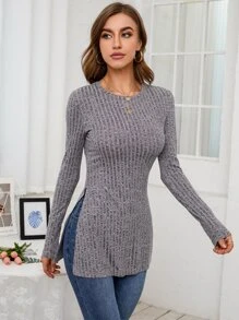 SHEIN Essnce 雜色針織下擺開叉T恤 - 灰色 - 查看 1