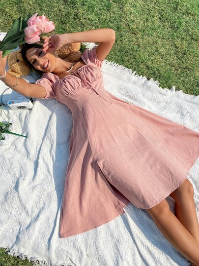 Puff Sleeve Knot Front Ruched Bust Split Thigh Dress Maxi Women Outfit