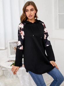 SHEIN LUNE Capucha en contraste floral de manga raglán con cordón - Negro - Ver 3