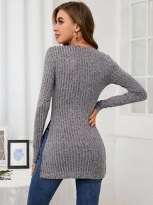 SHEIN Essnce 雜色針織下擺開叉T恤 - 灰色 - 查看 2