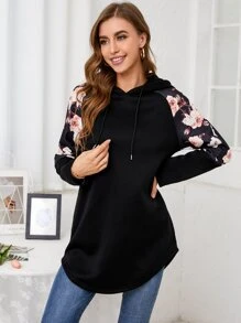 SHEIN LUNE Capucha en contraste floral de manga raglán con cordón - Negro - Ver 4
