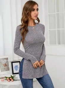 SHEIN Essnce 雜色針織下擺開叉T恤 - 灰色 - 查看 3