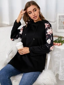 SHEIN LUNE Capucha en contraste floral de manga raglán con cordón - Negro - Ver 5