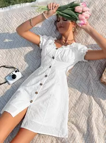 Ruffle Trim Schiffy Bustier Dress - White - View 1