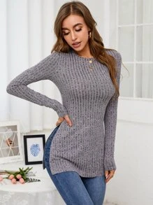 SHEIN Essnce 雜色針織下擺開叉T恤 - 灰色 - 查看 4