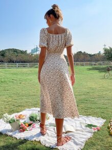 Ditsy Floral Print Knot Front Ruched Bust Split Thigh Dress - Multicolor - View 2