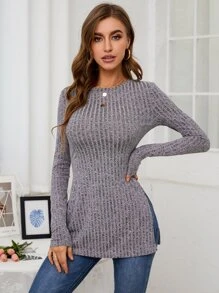 SHEIN Essnce 雜色針織下擺開叉T恤 - 灰色 - 查看 5