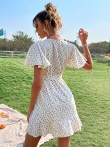 Breezaya 碎花蝴蝶袖荷葉邊繫腰帶連衣裙 - 白色 - 查看 2