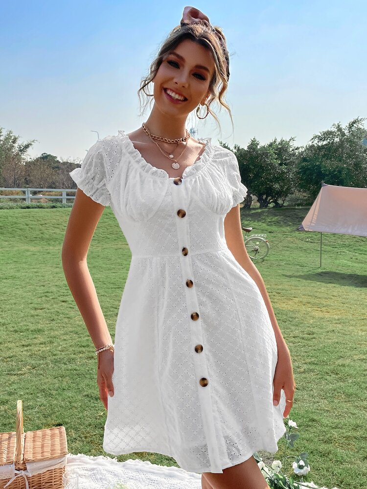 Ruffle Trim Schiffy Bustier Dress - White - View 3