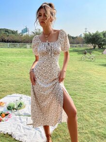 Ditsy Floral Print Knot Front Ruched Bust Split Thigh Dress - Multicolor - View 3