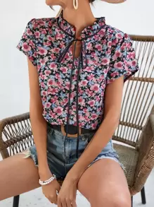 SHEIN Frenchy Áo sơ mi nữ viền lá sen Hoa Tất cả trên in Boho - Nhiều màu - Xem 1