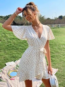 Breezaya 碎花蝴蝶袖荷葉邊繫腰帶連衣裙 - 白色 - 查看 4