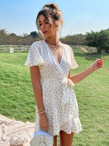 Breezaya 碎花蝴蝶袖荷葉邊繫腰帶連衣裙 - 白色 - 查看 5