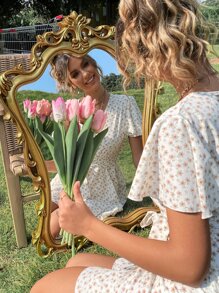 Breezaya 碎花蝴蝶袖荷葉邊繫腰帶連衣裙 - 白色 - 查看 6