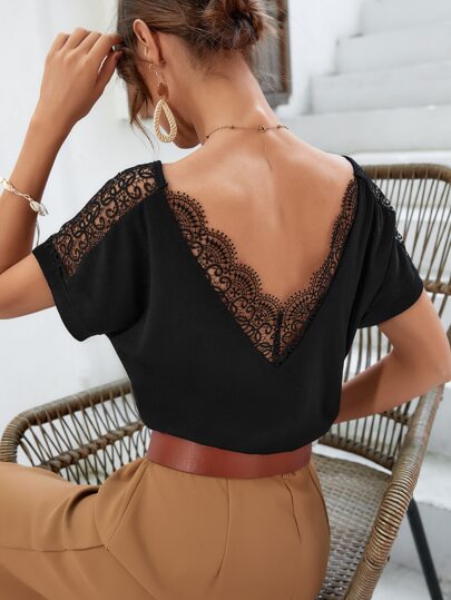 SHEIN Frenchy Women' Lace Splice Backless  Sgoing Out Tops  T-Shirt Black Summer Casual