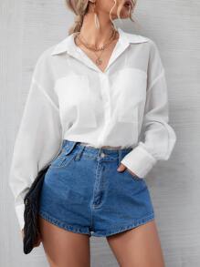 雙口袋落肩袖襯衫不附胸罩 - 白色 - 查看 1