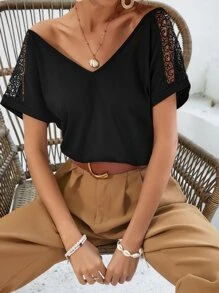 SHEIN Frenchy 女士蕾絲拼接露背t恤 - 黑色 - 查看 2