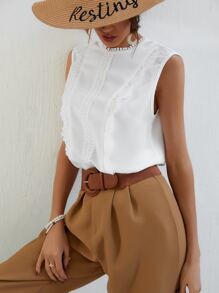 SHEIN Frenchy Guipure Lace Panel Keyhole Back Blouse,Bridgerton Summer Elegant White - White - View 3