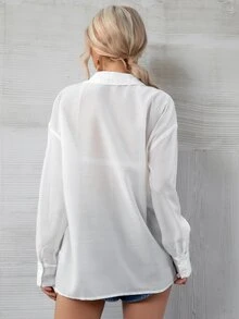 雙口袋落肩袖襯衫不附胸罩 - 白色 - 查看 2