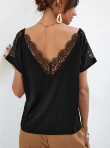 SHEIN Frenchy 女士蕾絲拼接露背t恤 - 黑色 - 查看 3