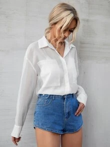 雙口袋落肩袖襯衫不附胸罩 - 白色 - 查看 3