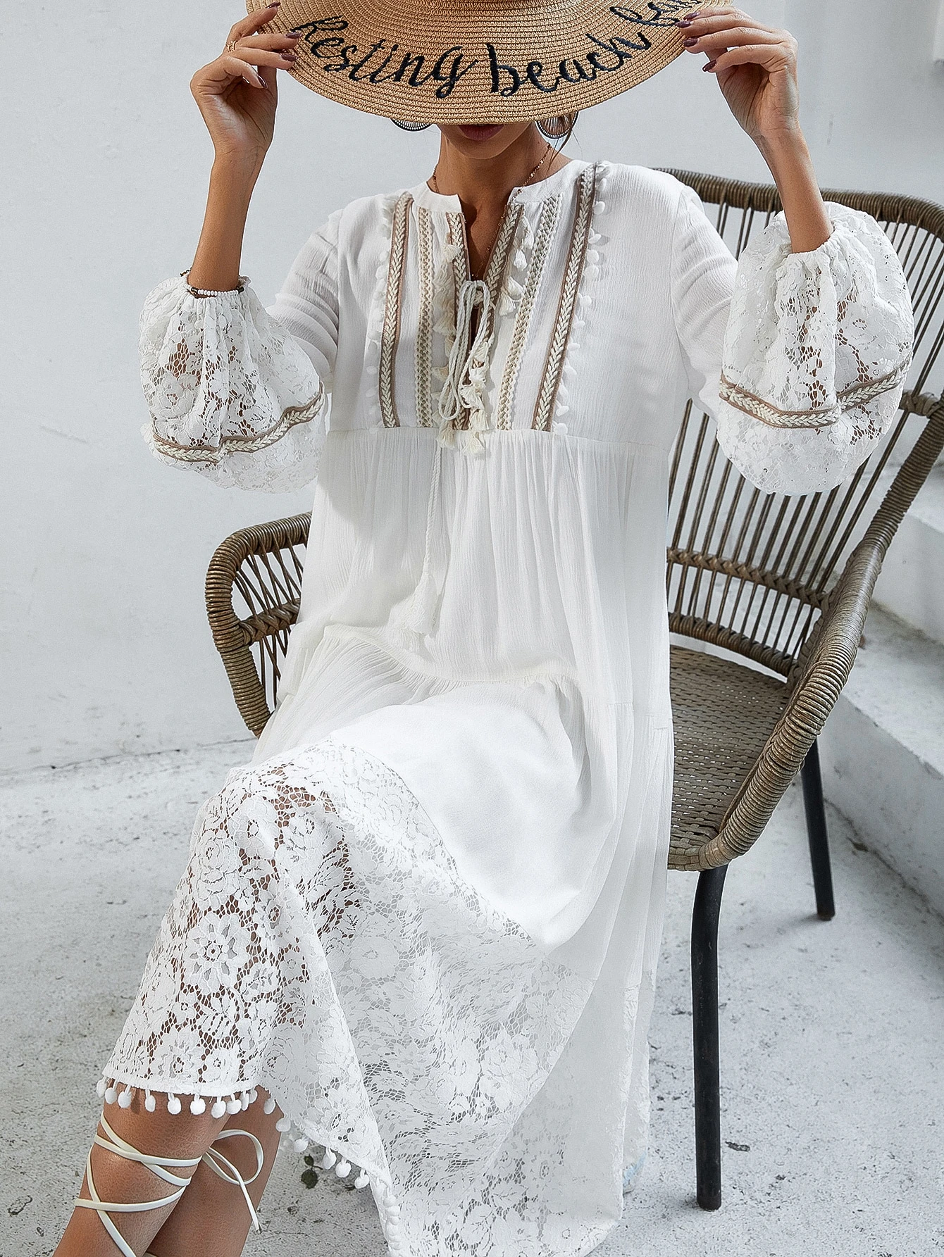 Kleid mit Kontrast Spitzen, Quasten Saum, Laternenärmeln | aktuelle Trends,  günstig kaufen | SHEIN Deutschland