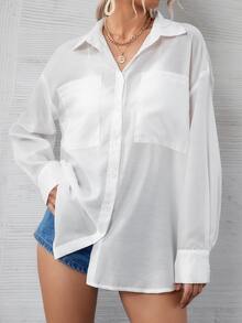 雙口袋落肩袖襯衫不附胸罩 - 白色 - 查看 4