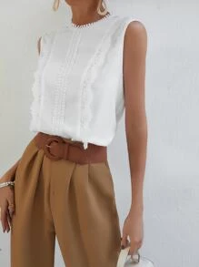 SHEIN Frenchy Guipure Lace Panel Keyhole Back Blouse,Bridgerton Summer Elegant White - White - View 4