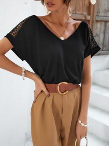 SHEIN Frenchy 女士蕾絲拼接露背t恤 - 黑色 - 查看 5