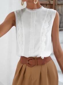 SHEIN Frenchy Guipure Lace Panel Keyhole Back Blouse,Bridgerton Summer Elegant White - White - View 6