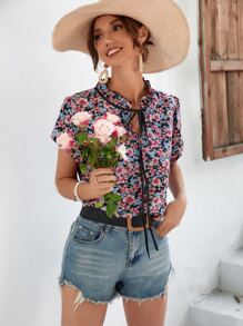 SHEIN Frenchy Áo sơ mi nữ viền lá sen Hoa Tất cả trên in Boho - Nhiều màu - Xem 4