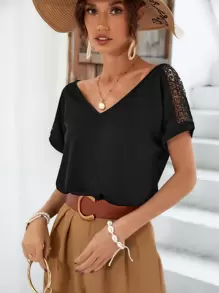 SHEIN Frenchy 女士蕾絲拼接露背t恤 - 黑色 - 查看 7